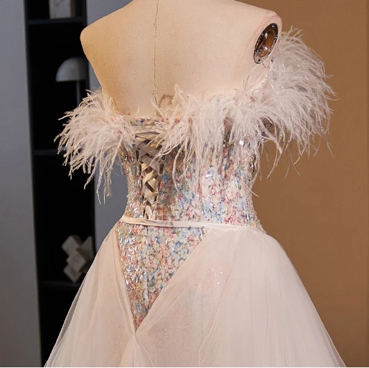 Haut de Gamme Charmant Champagne Impression Robe De Bal 2024 Trompette / Sirène Bustier Gland Sans Manches Dos Nu Train De Balayage Promo Robe De Ceremonie