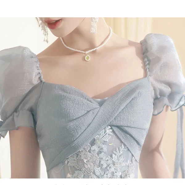 Chic / Beautiful Sky Blue Beading Lace Flower Butterfly Prom Dresses 2023 A-Line / Princess Square Neckline Short Sleeve Backless Floor-Length / Long Prom Formal Dresses