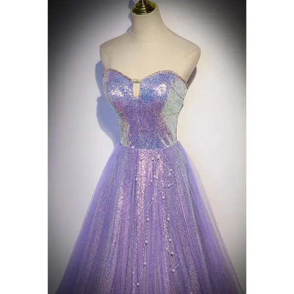 Sparkly Lavender Beading Pearl Sequins Evening Dresses 2022 A-Line / Princess Strapless Sleeveless Backless Floor-Length / Long Evening Party Formal Dresses