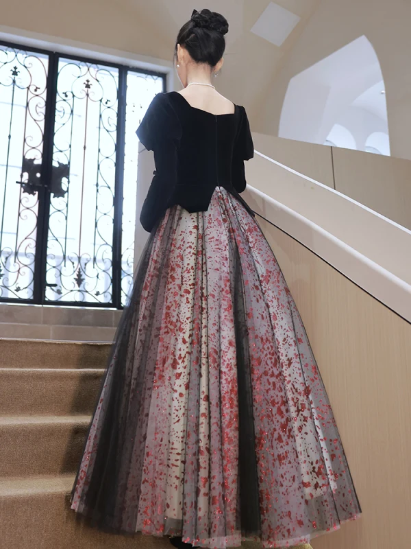 Chic / Belle Noire Robe De Bal 2023 Princesse Encolure Carrée Faux Diamant Noeud Manches Longues Dos Nu Longue Promo Robe De Ceremonie