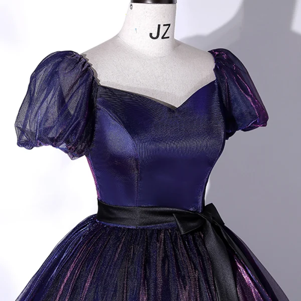 Vintage / Retro Navy Blue Gradient-Color Prom Dresses 2022 Ball Gown Square Neckline Puffy Short Sleeve Backless Bow Sash Floor-Length / Long Formal Dresses