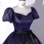 Vintage / Retro Navy Blue Gradient-Color Prom Dresses 2022 Ball Gown Square Neckline Puffy Short Sleeve Backless Bow Sash Floor-Length / Long Formal Dresses