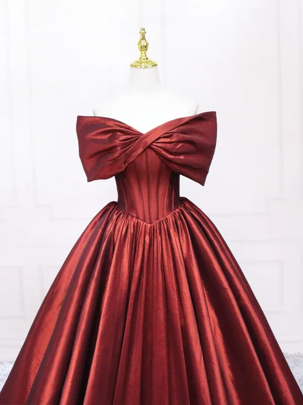 Elegant Burgundy Satin Prom Dresses 2025 Ball Gown Bow Off-The-Shoulder Short Sleeve Backless Floor-Length / Long Prom Formal Dresses