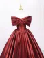 Elegant Burgundy Satin Prom Dresses 2025 Ball Gown Bow Off-The-Shoulder Short Sleeve Backless Floor-Length / Long Prom Formal Dresses