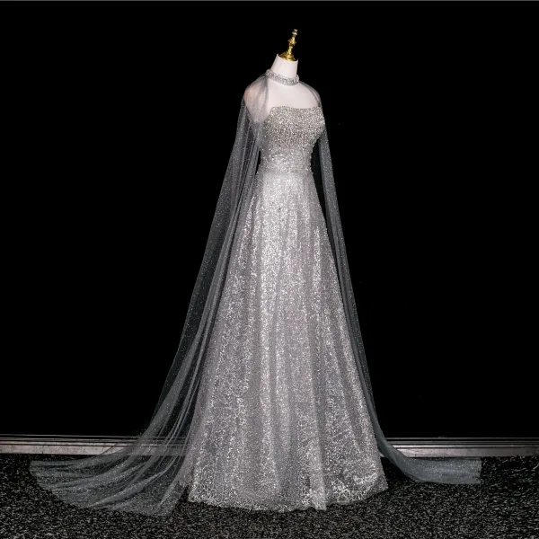 Glitzernden Sexy Silber Perlenstickerei Strass Pailletten Abendkleider 2025 A Linie Bandeau Ärmellos Rückenfreies Lange Festliche Kleider