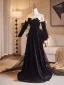 Audrey Hepburn Style Black Appliques Prom Dresses 2025 A-Line / Princess Strapless 1/2 Sleeves Backless Bow Floor-Length / Long Prom Formal Dresses