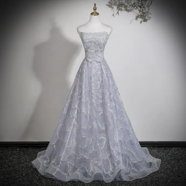 Jaw-dropping Fashion Grey Glitter Sequins Prom Dresses 2026 A-Line / Princess Strapless Sleeveless Backless Sweep Train Formal Dresses