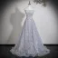 Jaw-dropping Fashion Grey Glitter Sequins Prom Dresses 2026 A-Line / Princess Strapless Sleeveless Backless Sweep Train Formal Dresses