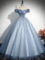 Elegant Sky Blue Beading Lace Flower Pearl Sequins Prom Dresses 2024 A-Line / Princess Off-The-Shoulder Short Sleeve Backless Floor-Length / Long Prom Formal Dresses