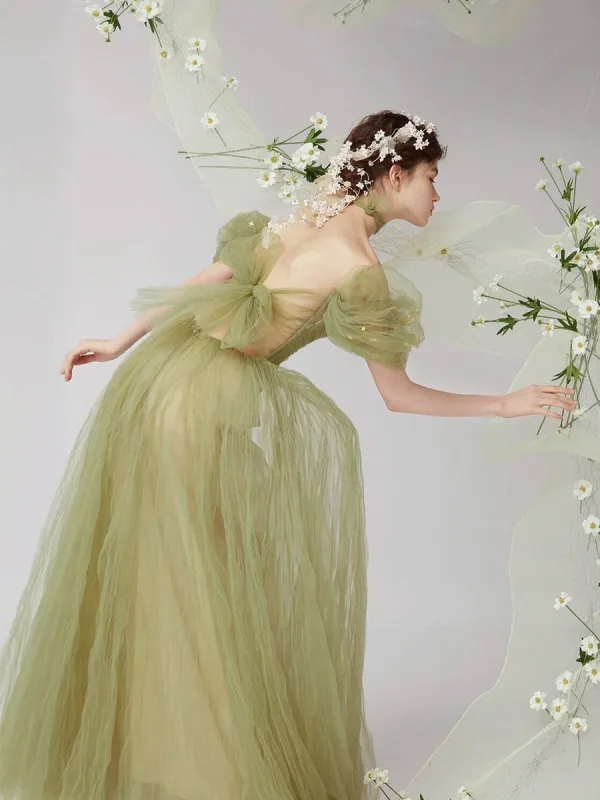Fashion Sage Green Sequins Ruffle Prom Dresses 2025 A-Line / Princess Off-The-Shoulder Short Sleeve Backless Floor-Length / Long Prom Formal Dresses