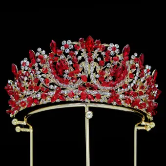 Chic Beautiful Red Rhinestone Wedding Crown Bridal Hair Accessories 2024 Alloy