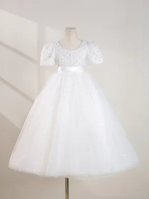 Élégant Blanche Perlage Perle Paillettes Robe Ceremonie Fille 2024 Robe Boule Encolure Dégagée Gonflée Manches Courtes Dos Nu Longue Mariage
