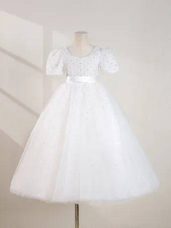 Élégant Blanche Perlage Perle Paillettes Robe Ceremonie Fille 2024 Robe Boule Encolure Dégagée Gonflée Manches Courtes Dos Nu Longue Mariage