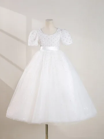Elegant White Beading Pearl Sequins Flower Girl Dresses 2024 Ball Gown Scoop Neck Puffy Short Sleeve Backless Floor Length Long Wedding