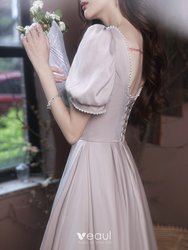 Chic / Beautiful Nude Pearl Homecoming Graduation Dresses 2023 A-Line /  Princess Satin Square Neckline Short Sleeve Backless Floor-Length / Long  Formal Dresses