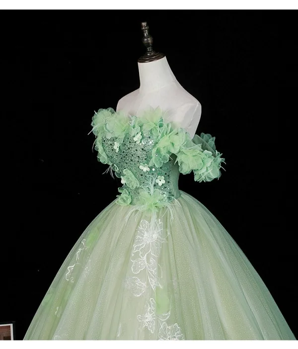Fée Des Fleurs Vert Cendré Appliques Perlage En Dentelle Fleur Paillettes Robe De Bal 2026 Robe Boule De l'épaule Manches Courtes Dos Nu