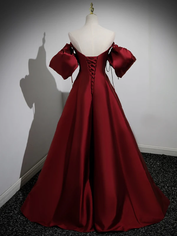 Elegant Burgundy Satin Prom Dresses 2023 A-Line / Princess Off-The-Shoulder Puffy Short Sleeve Backless Floor-Length / Long Formal Dresses
