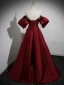 Chic / Beautiful Burgundy Satin Prom Dresses 2023 Ball Gown Off-The-Shoulder Puffy Short Sleeve Backless Floor-Length / Long Prom Formal Dresses