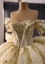 Luxury / Gorgeous Champagne Beading Sequins Wedding Dresses 2026 Ball Gown Off-The-Shoulder Short Sleeve Backless Bow Chapel Train