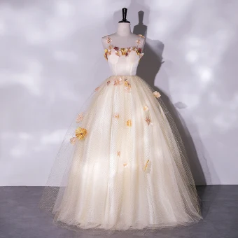Fée Des Fleurs Champagne En Dentelle Fleur Appliques Robe De Bal 2022 Princesse Bretelles Spaghetti Sans Manches Dos Nu Longue Promo Robe De Ceremonie