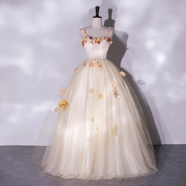 Flower Fairy Champagne Lace Flower Appliques Prom Dresses 2022 A-Line / Princess Spaghetti Straps Sleeveless Backless Floor-Length / Long Prom Formal Dresses