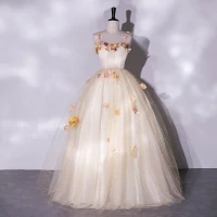 Blomma Fe Champagne Spets Blomma Appliqués Balklänningar 2022 Prinsessa Spaghettiband Ärmlös Halterneck Långa Bal Formella Klänningar