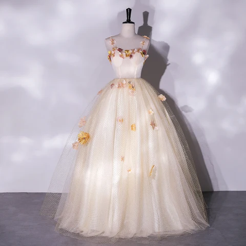 Flower Fairy Champagne Lace Flower Appliques Prom Dresses 2022 A-Line / Princess Spaghetti Straps Sleeveless Backless Floor-Length / Long Prom Formal Dresses