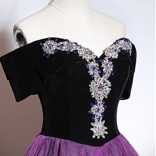Vintage / Retro Purple Sequins Rhinestone Prom Dresses 2023 Ball Gown Off-The-Shoulder Short Sleeve Backless Floor-Length / Long Prom Formal Dresses