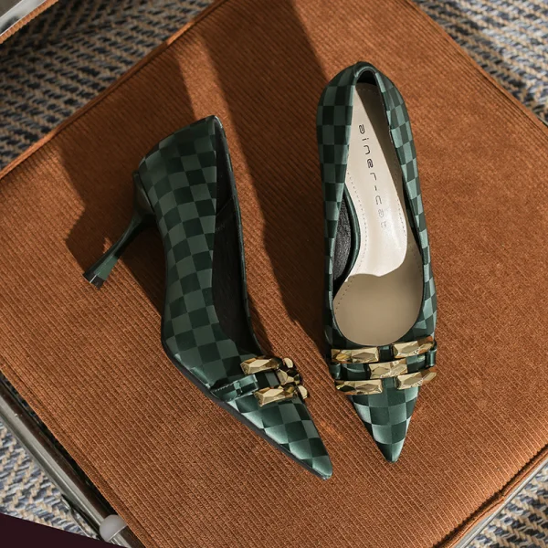 Mode Dunkelgrün Strassenmode Plaid Pumps 2022 8 cm Stilettos Spitzschuh Pumps Hochhackige