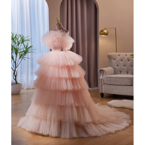 Charmant Rougissant Rose Volants en Cascade Percé Robe De Soirée 2023 Robe Boule Bustier Sans Manches Dos Nu Tribunal Train Soirée Robe De Ceremonie