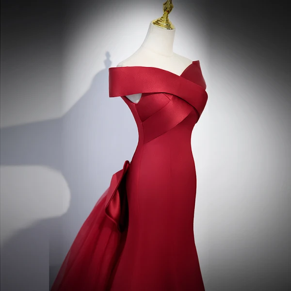 Vintage / Retro Burgundy Satin Evening Dresses 2023 Trumpet / Mermaid Off-The-Shoulder Short Sleeve Backless Bow Sweep Train Evening Party Formal Dresses