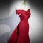 Vintage / Retro Burgundy Satin Evening Dresses 2023 Trumpet / Mermaid Off-The-Shoulder Short Sleeve Backless Bow Sweep Train Evening Party Formal Dresses