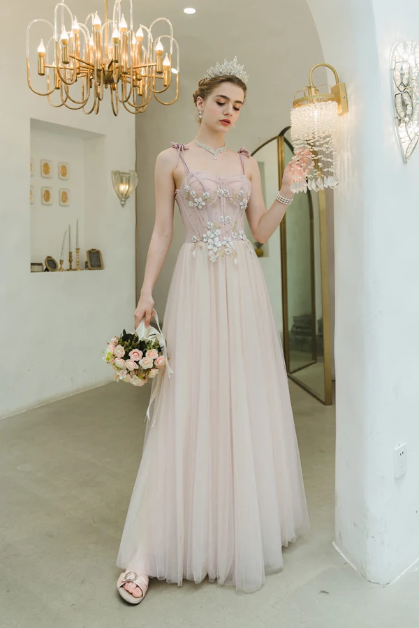 Charming Blushing Pink Evening Dresses 2022 A-Line / Princess Spaghetti Straps Sleeveless Backless Beading Rhinestone Lace Flower Floor-Length / Long Evening Party Formal Dresses