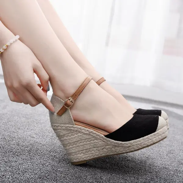 Chic / Beautiful Beige Street Wear Braid Womens Sandals 2024 9 cm Wedges Round Toe Sandals