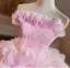 Flower Fairy Candy Pink Appliques Cascading Ruffles Prom Dresses 2025 Ball Gown Strapless Sleeveless Sweep Train Tulle Prom Formal Dresses