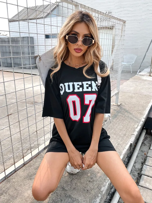 Fashion Women Black Tops Loose T-Shirts 2021 Printing Letter Graphic Cotton Scoop Neck Summer Street Wear