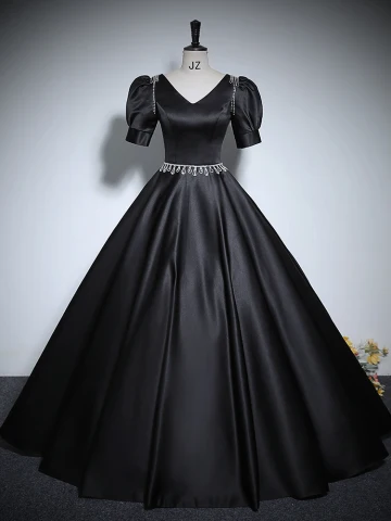 Vintage Retro Black Rhinestone Satin Prom Dresses 2024 Ball Gown V Neck Short Sleeve Backless Floor Length Long Prom Formal Dresses