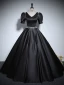 Vintage / Retro Black Rhinestone Satin Prom Dresses 2024 Ball Gown V-Neck Short Sleeve Backless Floor-Length / Long Prom Formal Dresses