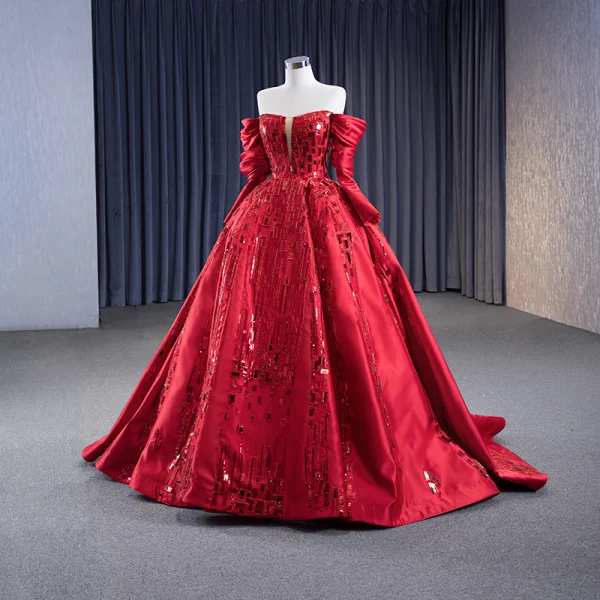 High-end Fashion Red Beading Sequins Prom Dresses 2023 Ball Gown Off-The-Shoulder 3/4 Sleeve Backless Sweep Train Formal Dresses