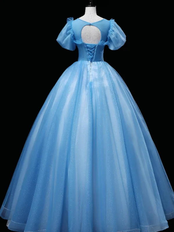 Chic / Beautiful Sky Blue Glitter Prom Dresses 2023 Ball Gown Scoop Neck Sequins Butterfly Beading Pearl Puffy Short Sleeve Backless Floor-Length / Long Prom