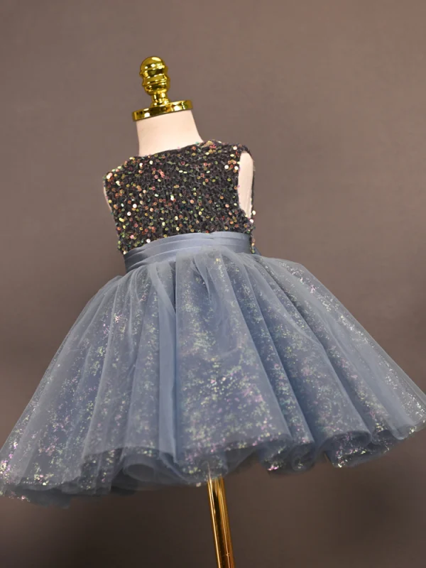 Bling Bling Grey Sequins Short Birthday Flower Girl Dresses 2023 Ball Gown Scoop Neck Sleeveless Bow