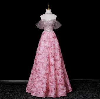 Fée Des Fleurs Rougissant Rose Perlage Paillettes Perle Faux Diamant Appliques Robe De Bal 2026 Princesse De L Épaule Manches Courtes Dos Nu Longue Robe De Ceremonie