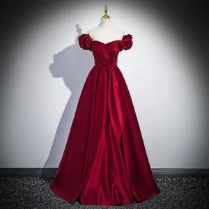 Élégant Bordeaux Satin Robe De Bal 2025 Princesse De L Épaule Volants Manches Courtes Dos Nu Longue Promo Robe De Ceremonie