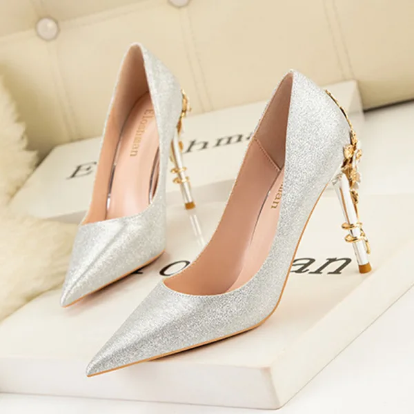 Fashion Sky Blue Wedding Shoes 2022 Rhinestone Sequins Metal Flower 10 cm Stiletto Heels Pointed Toe Wedding Shoes High Heels