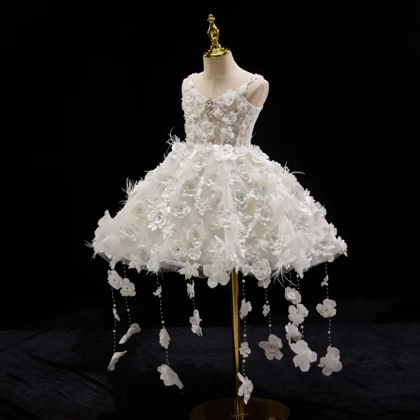 Fashion White Beading Lace Flower Appliques Pearl Short Birthday Flower Girl Dresses 2025 Ball Gown Spaghetti Straps Sleeveless Backless