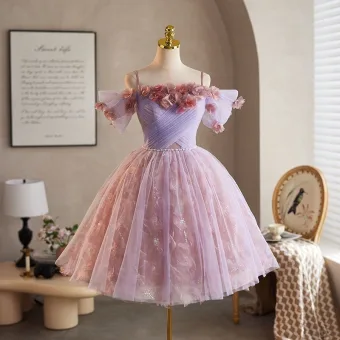Charming Lavender Pearl Appliques Sequins Short Homecoming Graduation Dresses 2026 Ball Gown Spaghetti Straps Short Sleeve Backless Formal Dresses