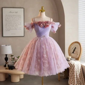 Charmant Lavande Perle Appliques Paillettes Courte De Retour Robe De Graduation 2026 Robe Boule Bretelles Spaghetti Manches Courtes Dos Nu Robe De Ceremonie