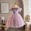 Charmant Lavendel Perle Applikationen Pailletten Kurze Heimkehr Abiballkleider 2026 Ballkleid Spaghettiträger Kurze Ärmel Rückenfreies Festliche Kleider