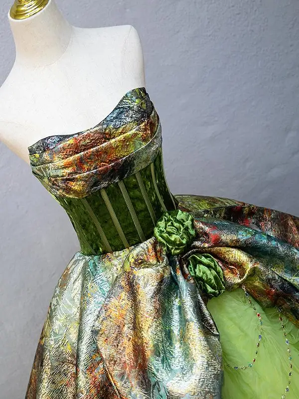 Chic / Beautiful Sage Green Printing Prom Dresses 2025 Ball Gown Strapless Sleeveless Backless Floor-Length / Long Tulle Prom Formal Dresses