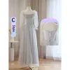 Modest / Simple Grey Bridesmaid Dresses 2023 A-Line / Princess Square Neckline Short Sleeve Backless Tea-length Bridesmaid Dresses